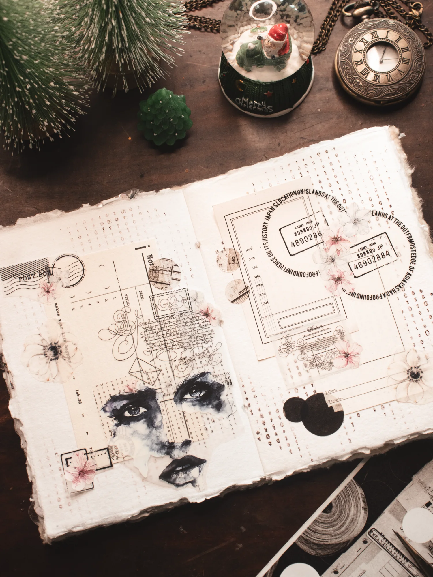 A pale journal page layered with an ink portrait, flowers, handwritten notes, and small paper pieces