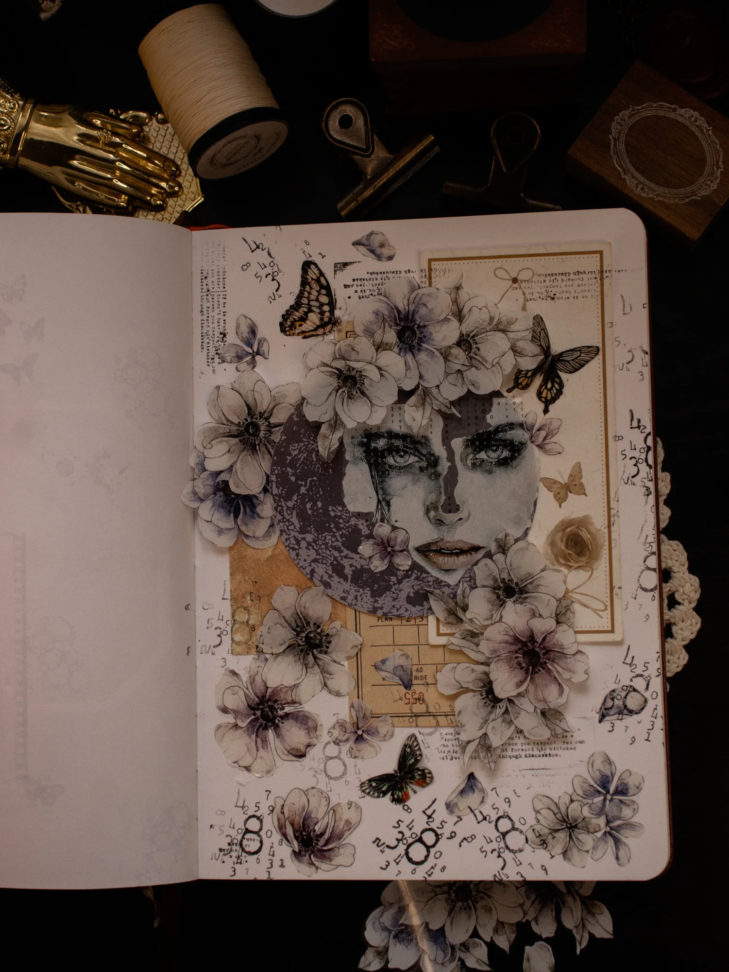A journal page combining a portrait, butterfly, and delicate botanical collage elements