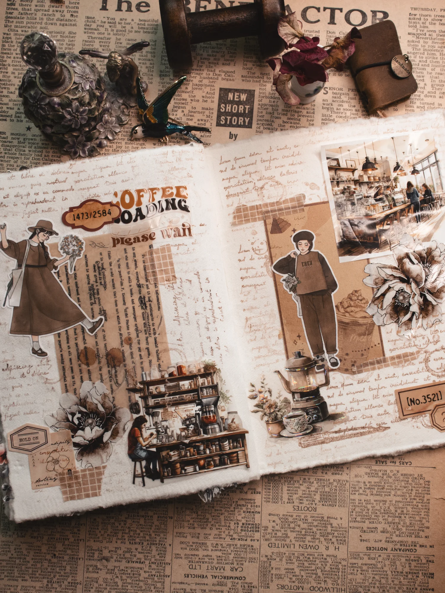 A warm-toned journal collage with layered paper, small illustrations, and coffee-colored details