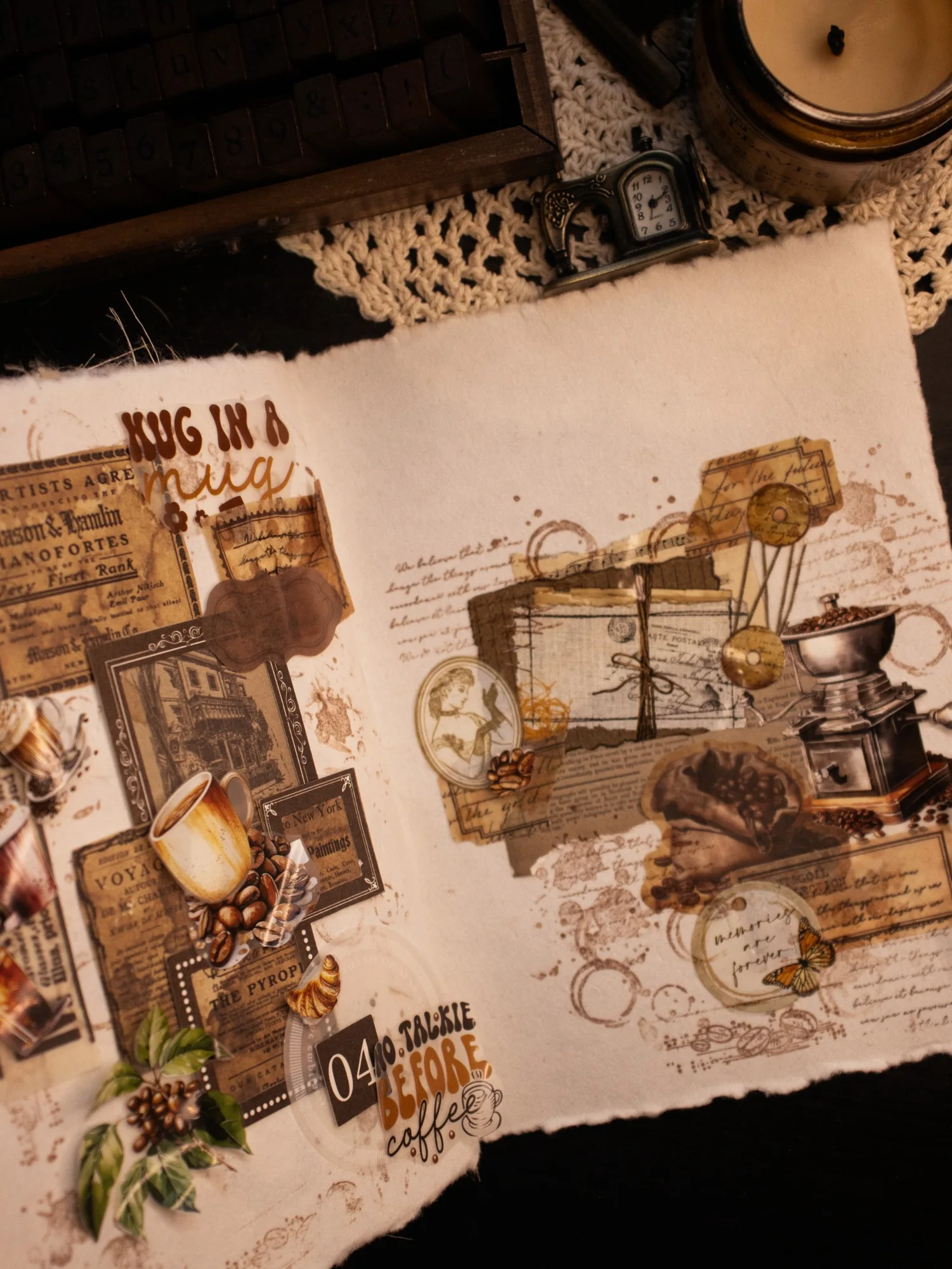 A coffee-themed journal page with cup illustrations, vintage labels, and layered paper