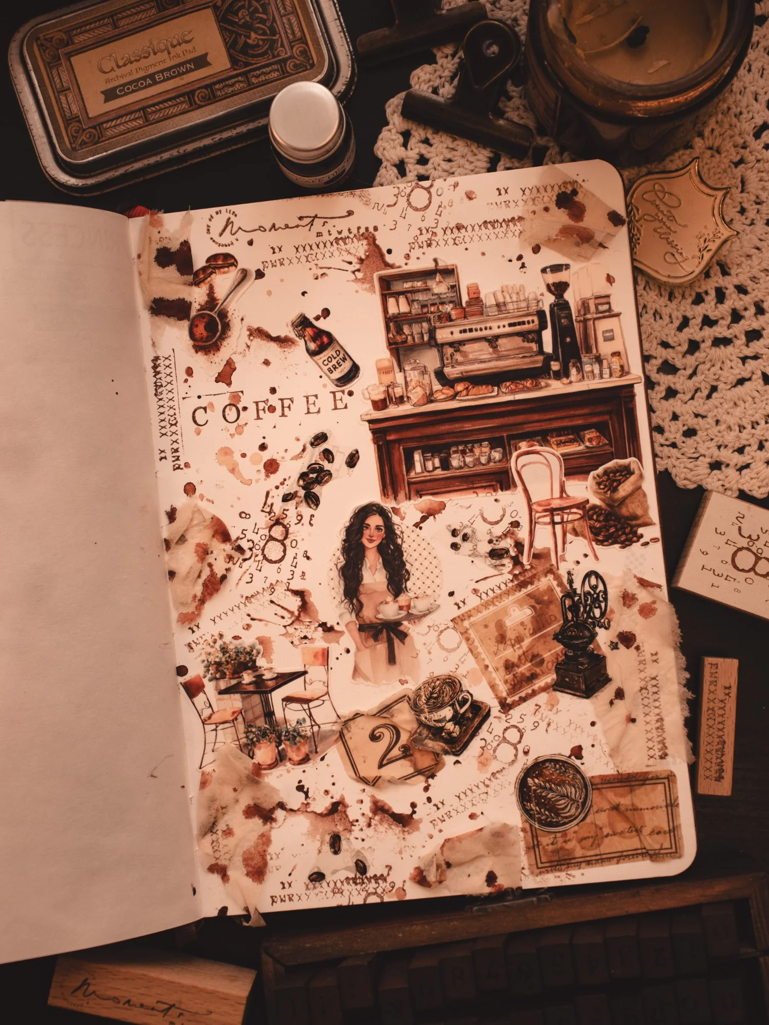 A densely layered coffee journal page with illustrated books, café objects, and vintage labels