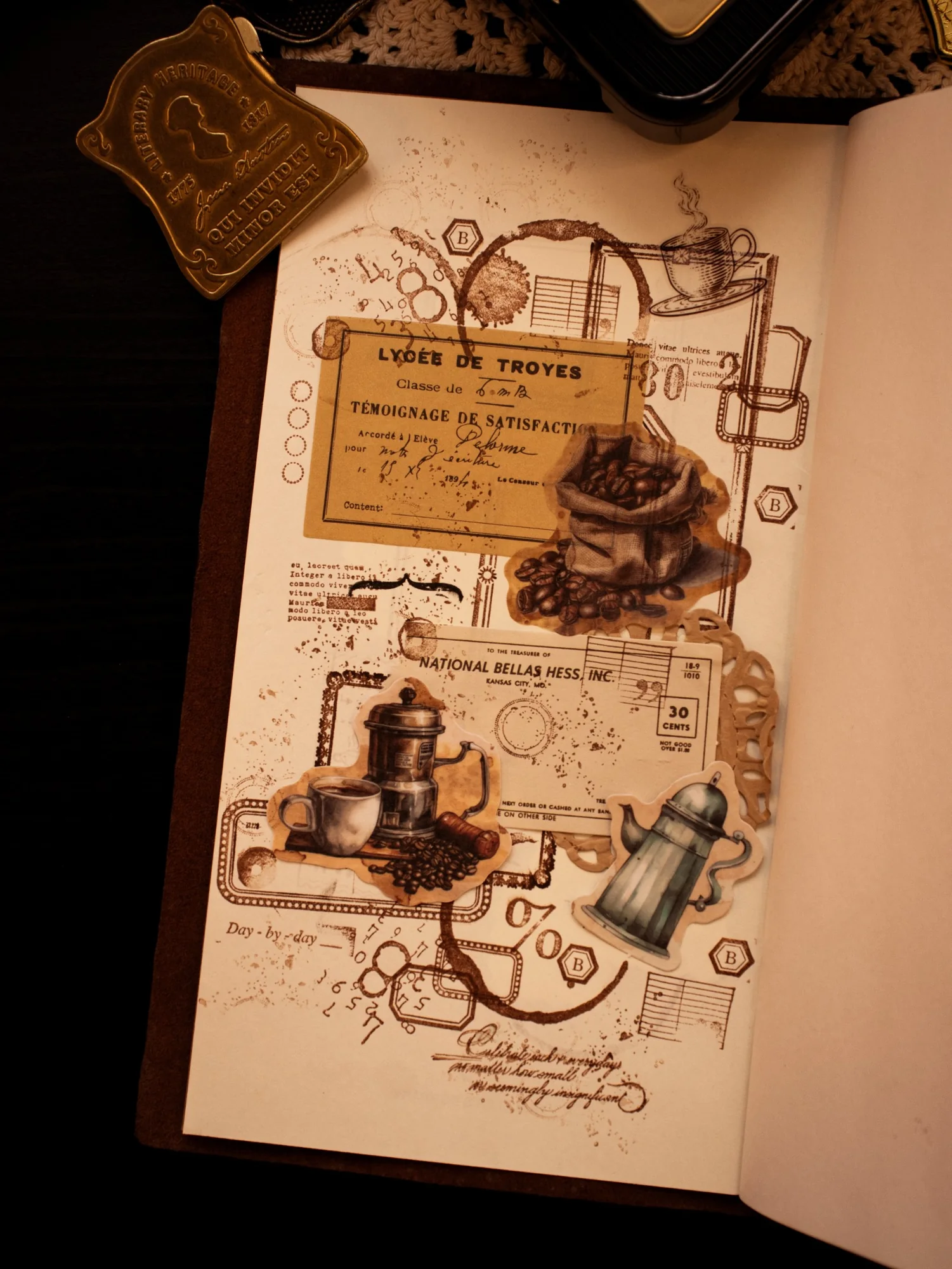 A coffee journal page with coffee beans, a steaming cup, a moka pot, and vintage labels