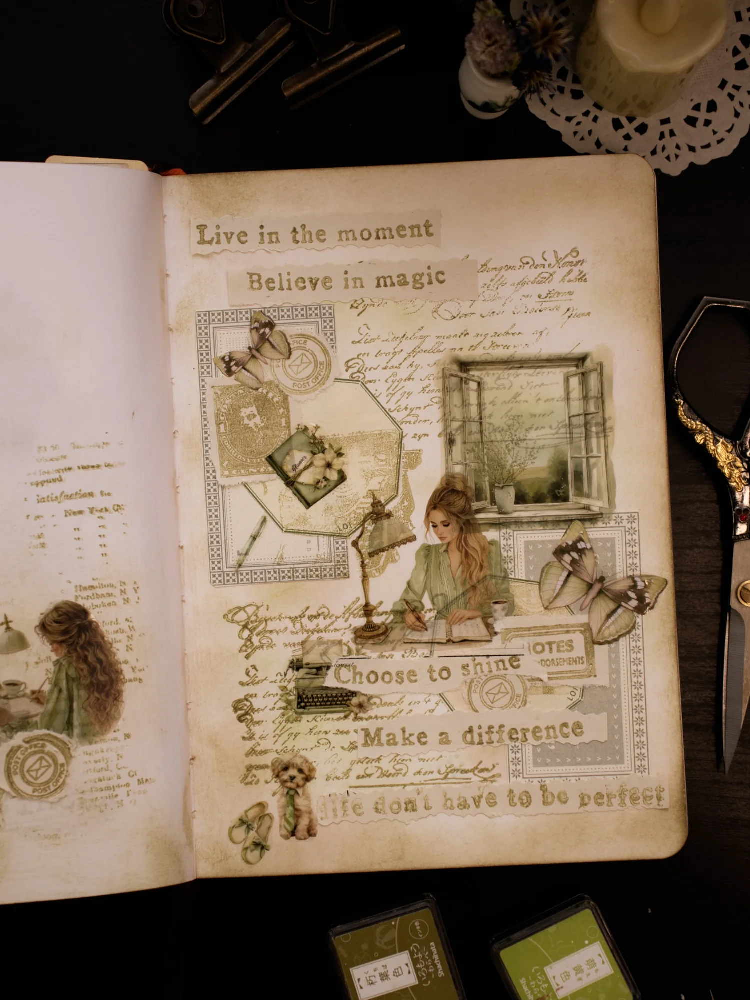 An open journal spread with handwritten notes, soft florals, and a small vintage timepiece illustration