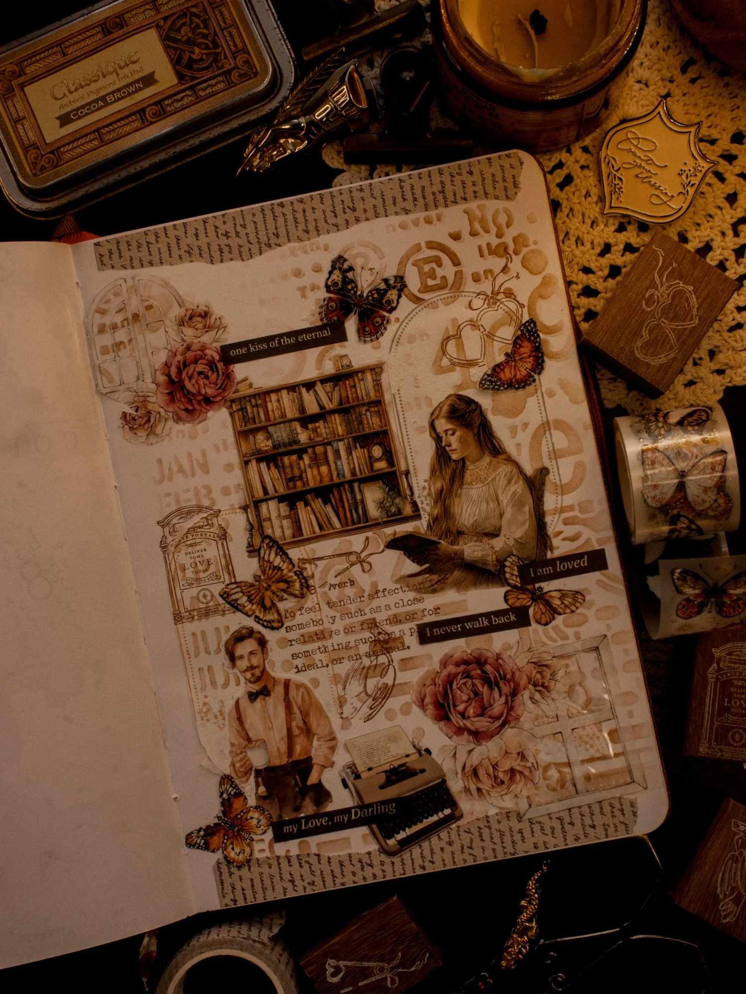 A journal page layered with pink floral images, handwritten scraps, and vintage paper details