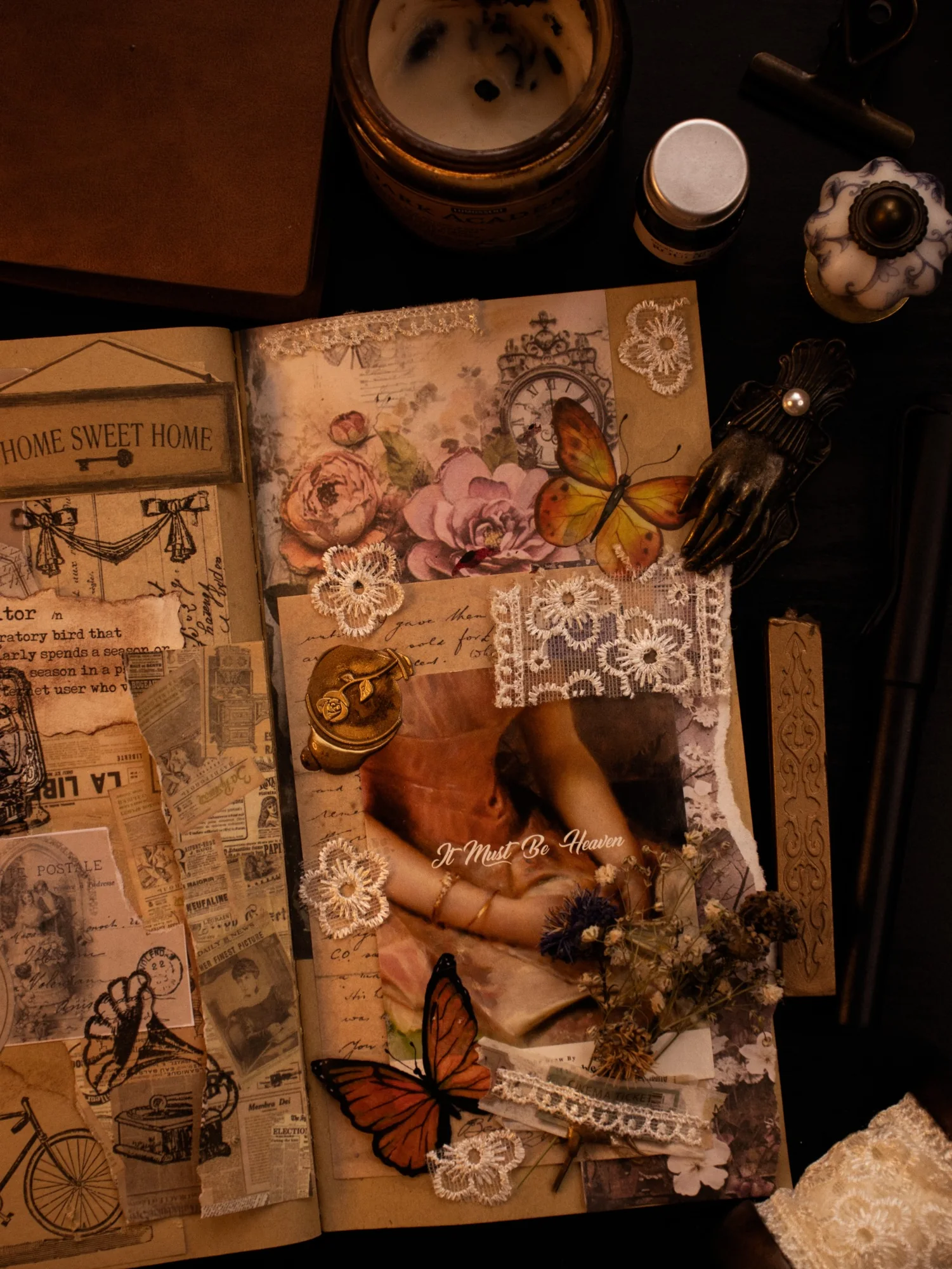 A sepia journal collage with a portrait, butterfly details, and layered vintage ephemera